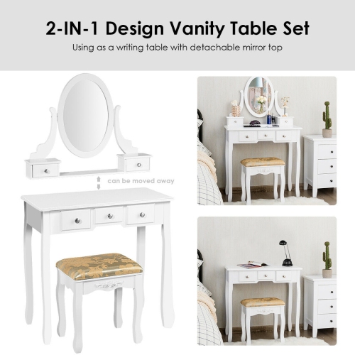 Costway Vanity Table Set Dressing Table Set W/5 Drawer Make Up Table and Stool Set