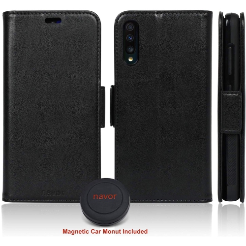 Navor Universal Car Mount & Detachable Magnetic Wallet Case with RFID Protection Compatible w/Samsung Galaxy A70 [Vajio]