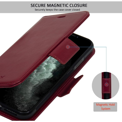 Navor Detachable Magnetic Wallet Case with RFID Protection Compatible for iPhone 11 Pro [5.8 inch] [Vajio Series] - Maroon