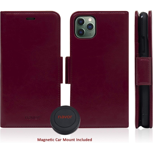 Navor Universal car Mount & Detachable Magnetic Wallet Case with RFID Protection Compatible for iPhone 11 Pro [5.8 inch] [Vajio Series] - Maroon
