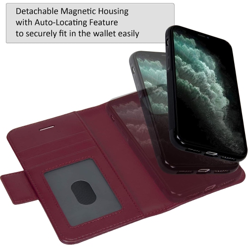 Navor Universal car Mount & Detachable Magnetic Wallet Case with RFID Protection Compatible for iPhone 11 Pro [5.8 inch] [Vajio Series] - Maroon