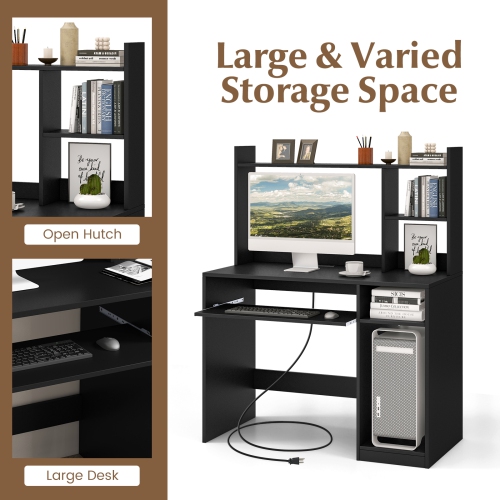 Costway Computer Desk Study Bookcase Workstation with Charging Station Hutch & CPU Stand