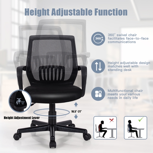 Costway Mid-Back Mesh Chair Height Adjustable Executive Chair w/ Lumbar Support