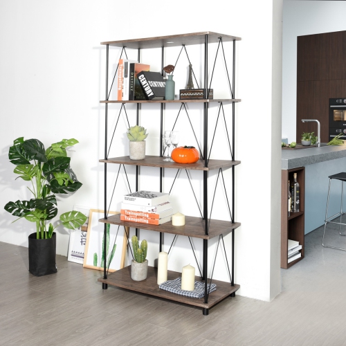 HomyCasa 4-Tier Bookshelf,Industrial Folding Ladder Bookshelf,Portable Bookcase,Home Office Wood Storage Shelves with Sturdy Metal Frame,Brown