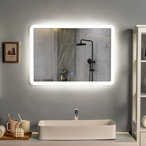 Costway Wall Mounted Rectangle Bathroom LED Mirror Dimmable Touch 3-Color Frameless