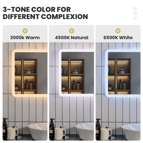 Costway Wall Mounted Rectangle Bathroom LED Mirror Dimmable Touch 3-Color Frameless