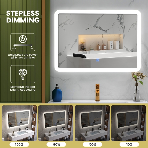 Costway Wall Mounted Rectangle Bathroom LED Mirror Dimmable Touch 3-Color Frameless