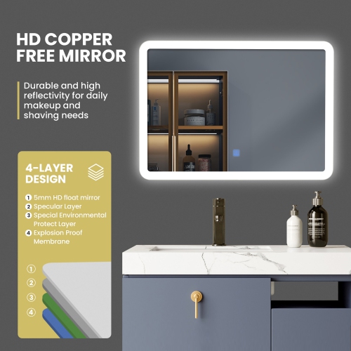 Costway Wall Mounted Rectangle Bathroom LED Mirror Dimmable Touch 3-Color Frameless