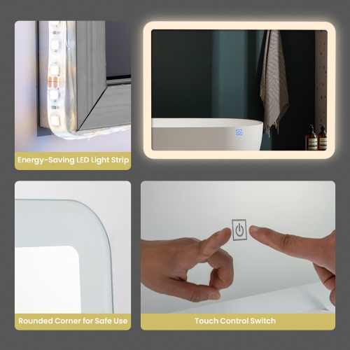 Costway Wall Mounted Rectangle Bathroom LED Mirror Dimmable Touch 3-Color Frameless