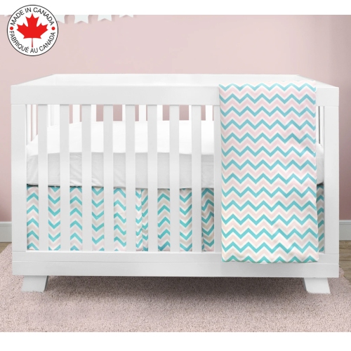 BEBELELO- BABY CRIB BEDDING 4 PIECE TURQUOISE AND PINK BABY WITH A ZIGZAG PATTERN