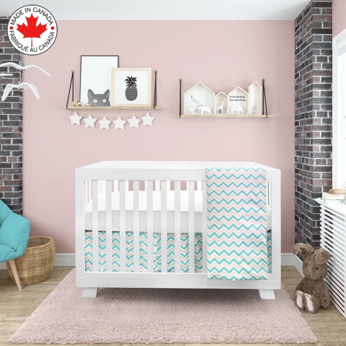 BEBELELO- BABY CRIB BEDDING 4 PIECE TURQUOISE AND PINK BABY WITH A ZIGZAG PATTERN