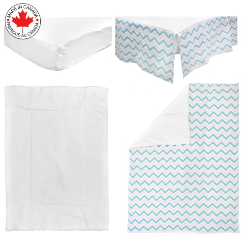 BEBELELO- BABY CRIB BEDDING 4 PIECE TURQUOISE AND PINK BABY WITH A ZIGZAG PATTERN