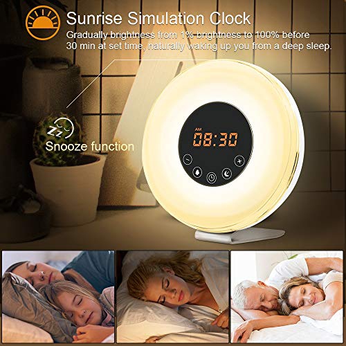 Wake Up Light White 6 Nature Sounds Dostyle Alarm Clock with Sunrise /& Sunset Simulator 7 Colors Night Light FM Radio Touch Control with Snooze Function for Heavy Sleepers