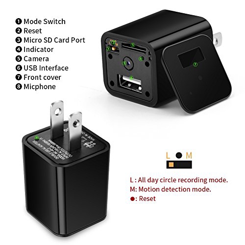 Eesteros Spy Camera 1080P HD USB Charger Camera Hidden Camera with Motion Detection Mode for Home Security Support up to 32G Micro SD Card Not Include Nanny Cam