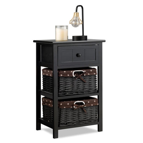 COSTWAY  Night Stand 3 Layer 1 Drawer Bedside End Table Organizer Wood W/2 Basket Black