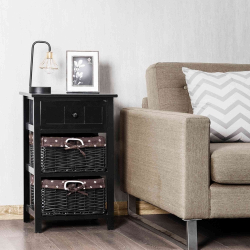 Costway Night Stand 3 Layer 1 Drawer Bedside End Table Organizer Wood W/2 Basket Black