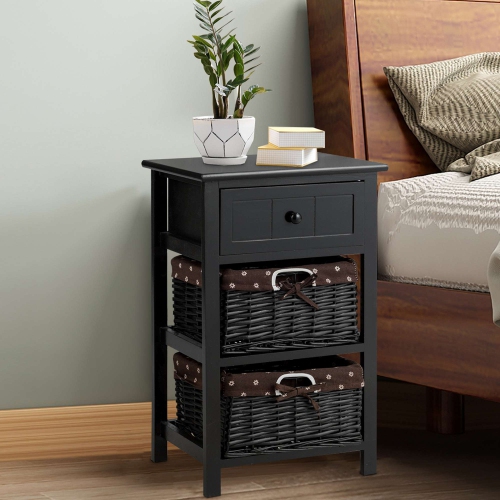 Costway Night Stand 3 Layer 1 Drawer Bedside End Table Organizer Wood W/2 Basket Black