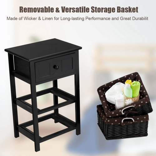 Costway Night Stand 3 Layer 1 Drawer Bedside End Table Organizer Wood W/2 Basket Black