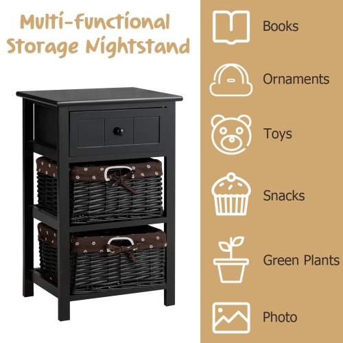 Costway Night Stand 3 Layer 1 Drawer Bedside End Table Organizer Wood W/2 Basket Black