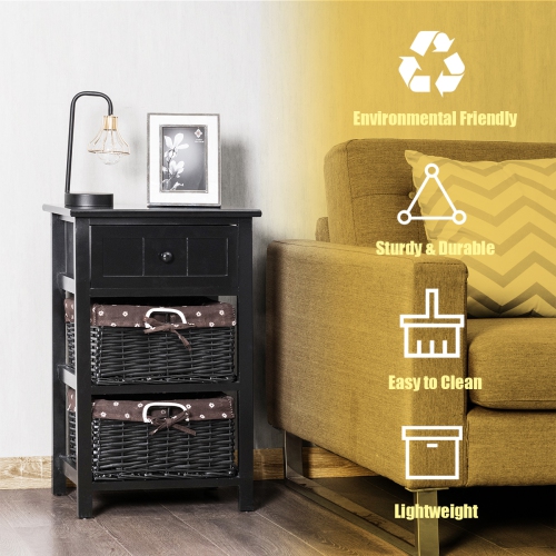 Costway Night Stand 3 Layer 1 Drawer Bedside End Table Organizer Wood W/2 Basket Black