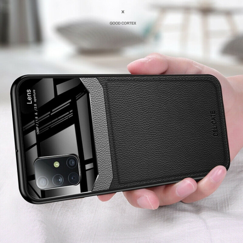 LEDEX  Leather Case Back Cover Protective Cover Phone Case Glass Back Shell for Samsung Galaxy S20 Ultra (Black)