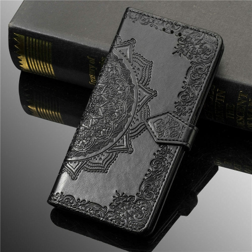 LEDEX  Luxury Embossed Mandala Floral Pattern Premium Pu Leather Flip Wallet Case Luxury 3D for Samsung Galaxy S20 Plus (Black)