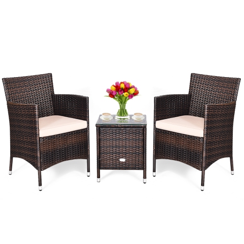 Costway Outdoor 3 PCS PE Rattan Wicker Furniture Sets Chairs Coffee Table Garden