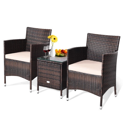 Costway Outdoor 3 PCS PE Rattan Wicker Furniture Sets Chairs Coffee Table Garden