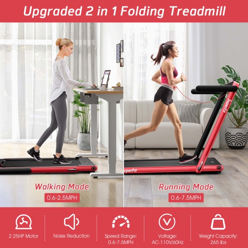 SuperFit 2.25HP Dual-Display Compact Folding Walking Pad with Bluetooth Speaker & Remote - Red