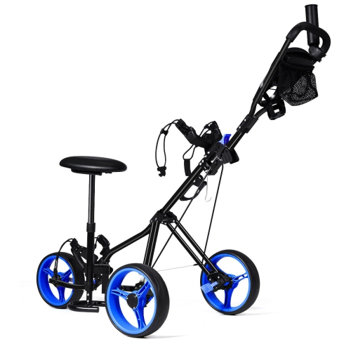 Foldable 3 Wheel Push Pull Golf Club Cart Trolley w/Seat Scoreboard Bag Red/Blue
