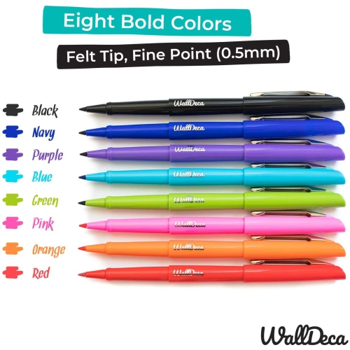 Stylos à pointe en feutre WallDeca, pointe fine, couleurs variées, paq. 8 | Made For Everyday Writing, journals, Notes et Doodling
