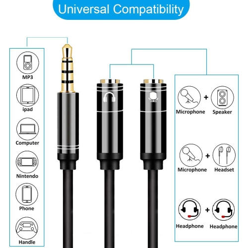 Adaptateur pour casque HYFAI Audio répartiteur audio 3,5 mm mâle vers 2  femelle micro casque audio séparateur en y câble 2 prises microphone 0,65  pi