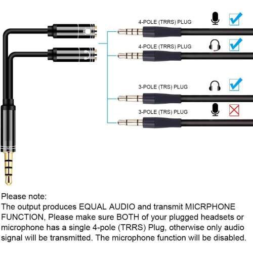 Adaptateur pour casque HYFAI Audio répartiteur audio 3,5 mm mâle vers 2  femelle micro casque audio séparateur en y câble 2 prises microphone 0,65  pi