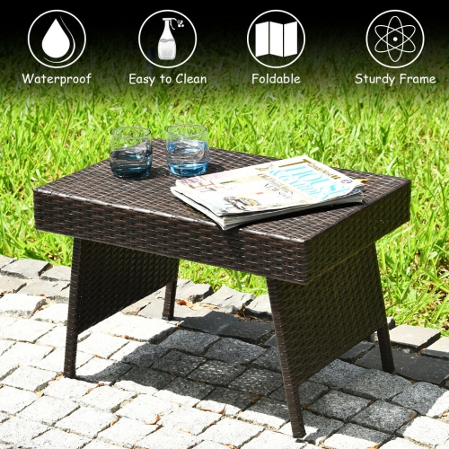 Costway Patio Garden Outdoor Folding Rattan Side Coffee Table Mix Brown