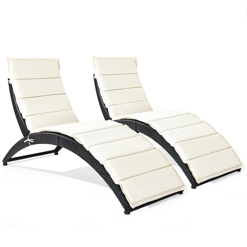 Costway 2PCS Folding Patio Garden Rattan Lounge Chair Cushioned Portable Chaise Black