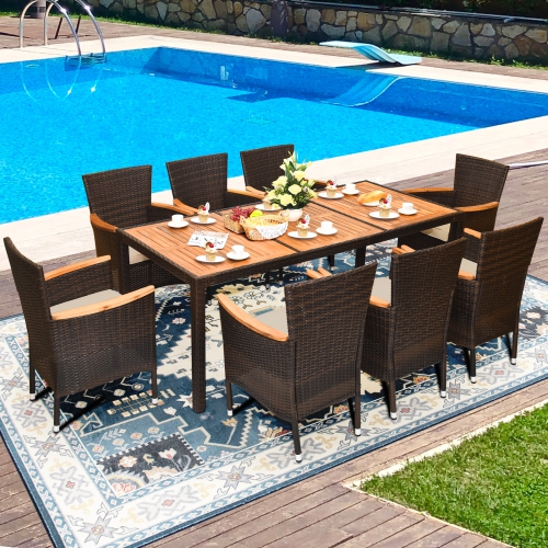 Costway 9-Piece Modern Classic Rattan Patio Dining Set w/ Large Acadia Wood Dining Table & 8 Cushioned Wicker Chairs