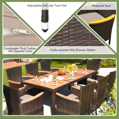 Costway 9-Piece Modern Classic Rattan Patio Dining Set w/ Large Acadia Wood Dining Table & 8 Cushioned Wicker Chairs