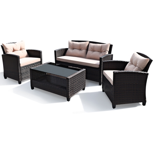 Costway 4PCS Outdoor Rattan Furniture Set Cushioned Sofa Armrest Table