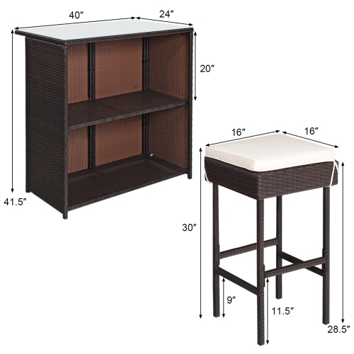 Costway Modern 3-Piece Bar Height Bistro Set Rattan Wicker Bar Table Stools Cushioned Chairs