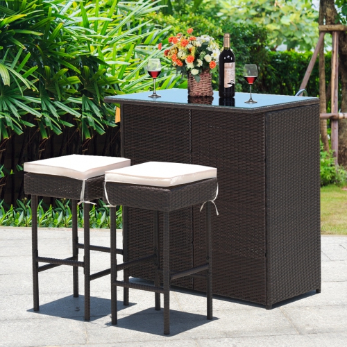 Costway Modern 3-Piece Bar Height Bistro Set Rattan Wicker Bar Table Stools Cushioned Chairs