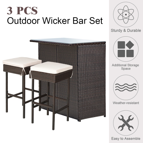 Costway Modern 3-Piece Bar Height Bistro Set Rattan Wicker Bar Table Stools Cushioned Chairs