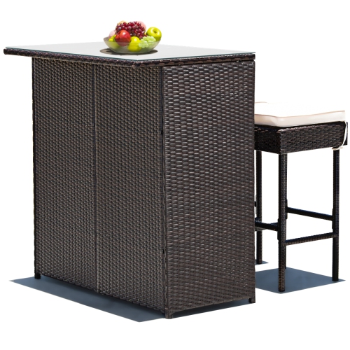 Costway Modern 3-Piece Bar Height Bistro Set Rattan Wicker Bar Table Stools Cushioned Chairs