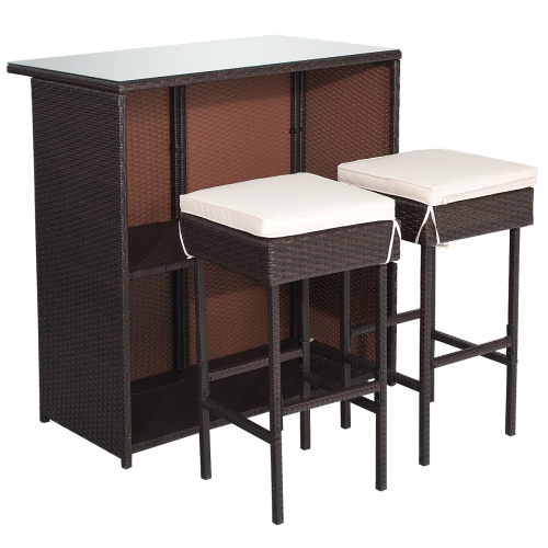 Costway Modern 3-Piece Bar Height Bistro Set Rattan Wicker Bar Table Stools Cushioned Chairs