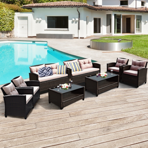 COSTWAY  8PCs Outdoor Conversation Set Rattan Cushioned Table&sofa With Armrest