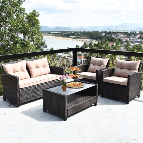 Costway 8PCS Outdoor Conversation Set Rattan Cushioned Table&Sofa with Armrest