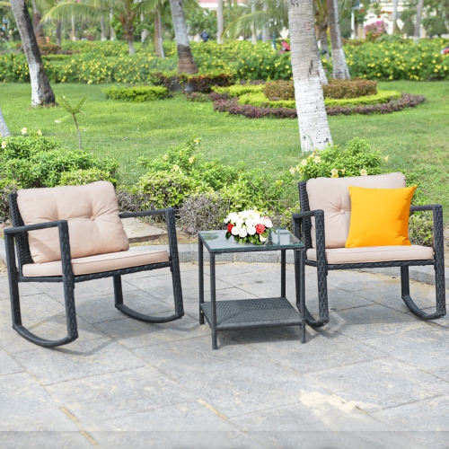 Costway Modern 3-Piece Patio Garden Chat Set Rattan Cushioned Rocking Chair with Table