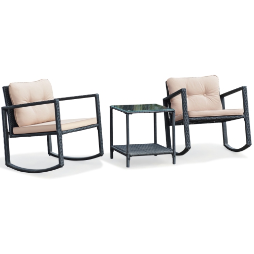 Costway Modern 3-Piece Patio Garden Chat Set Rattan Cushioned Rocking Chair with Table