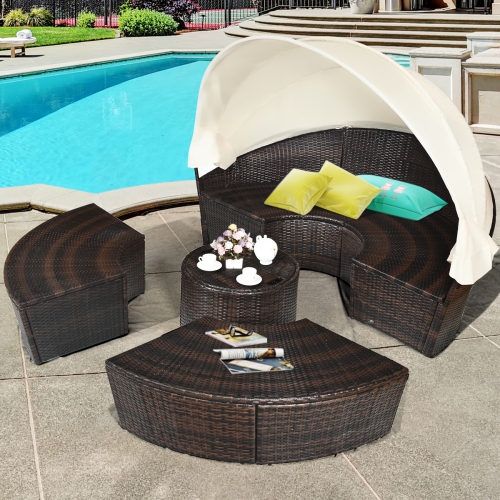 Costway Round Patio Rattan Daybed Sofa Adjustable Table Top with Canopy&3 Pillows