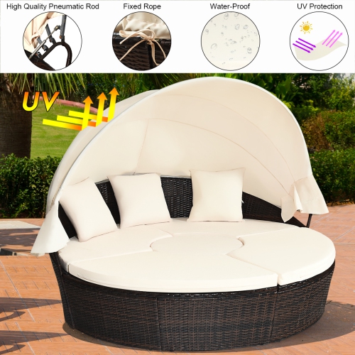 Costway Round Patio Rattan Daybed Sofa Adjustable Table Top with Canopy&3 Pillows