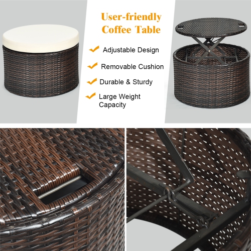 Costway Round Patio Rattan Daybed Sofa Adjustable Table Top with Canopy&3 Pillows